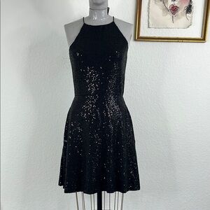 Nordstrom Aqua Black Sequin Fit & Flare Halter Dress A Line Swing Cocktail